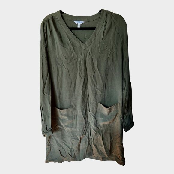 Time and Tru Green V Neck Mini Shift Dress Long Sleeves w/Pockets Size Large - Picture 7 of 10